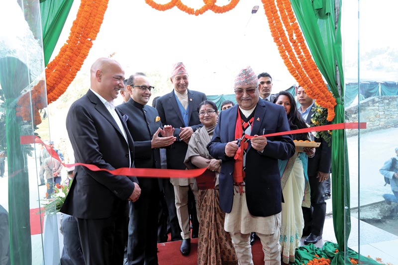Prime Minister KP Sharma Oli inaugurating the new plant established by Hester Biosciences Nepal Pvt Ltd, in Nala Ugrachandi, Kavre. Photo: THT