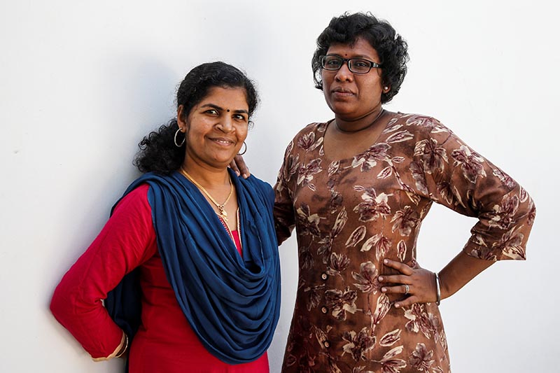 Kanaka Durga, 39 (left) and Bindu Ammini, 40, the first women to enter Sabarimala temple which traditionally bans the entry of women of menstrual age, pose for a photo after an interview with Reuters at an undisclosed location on the outskirts of Kochi, India, January 10, 2019. Photo: Reuters