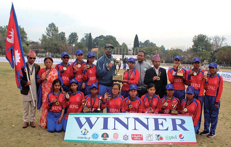 Nepali team members pose for a group photo after the fifth and final match of the International Women’s Blind Cricket Series against Pakistan in Islamabad on Monday. Nepal won the series 4-0. Photo Courtesy: NSJF