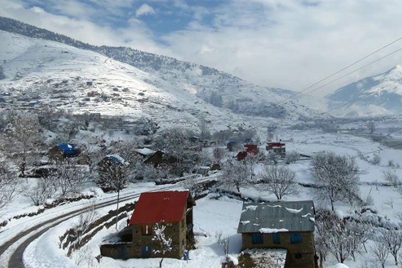 A view of Khalanga, district headquarters of Jumla, following snowfall on Thursday, February 28, 2019. Photo: RSS