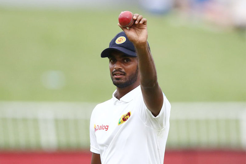 Debutant Lasith Embuldeniya shows a match ball after a test match against South Africa. Photo: ICC