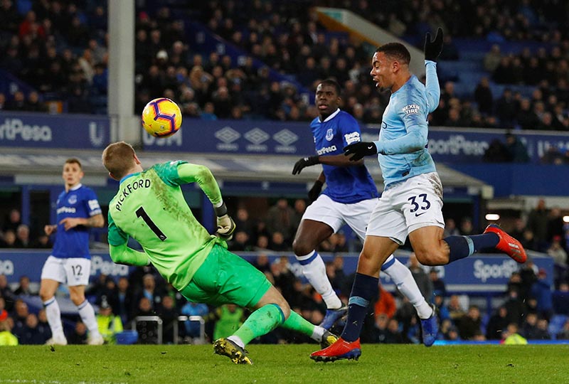 Manchester City's Gabriel Jesus in action before scoring their second goal during the Premier League match between Everton and Manchester City, at Goodison Park, in Liverpool, Britain, on February 6, 2019. Photo: Reuters