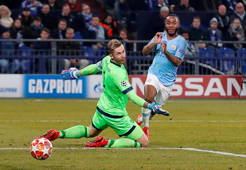 Manchester City's Raheem Sterling scores their third goal during the Champions League Round of 16 First Leg match between Schalke 04 and Manchester City, at Veltins-Arena, in Gelsenkirchen, Germany, on February 20, 2019. Photo: Action Images via Reuters
