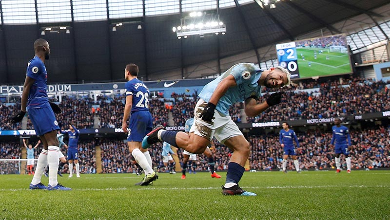 Manchester City's Sergio Aguero celebrates scoring their third goal during the Premier League match between Manchester City and Chelsea, at Etihad Stadium, in Manchester, Britain, on  February 10, 2019. Photo: Action Images via Reuters