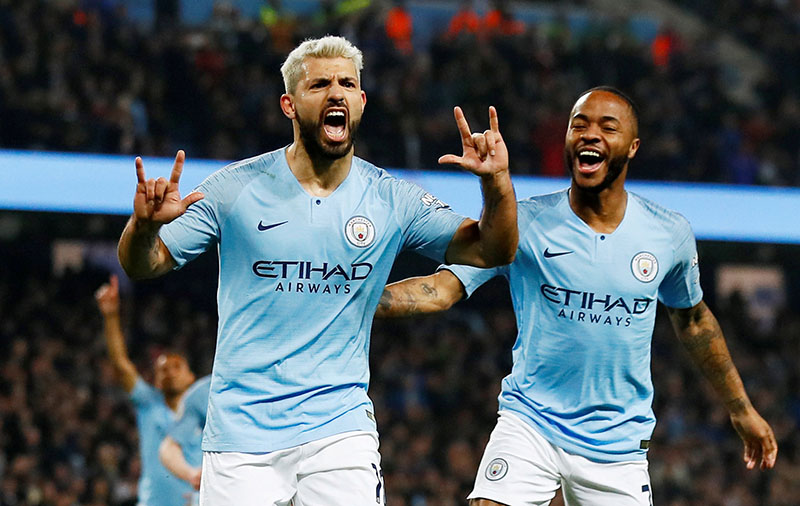 Manchester City's Sergio Aguero celebrates scoring their first goal from the penalty spot during the Premier League match between Manchester City and West Ham United , at Etihad Stadium, in Manchester, Britain, on  February 27, 2019. Photo: Action Images via Reuters
