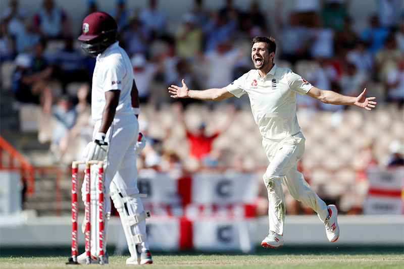 England's Mark Wood celebrates taking the wicket West Indies' Darren Bravo. Photo: Reuters