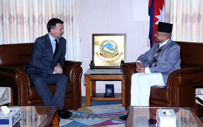 The visiting Minister of State for the Armed Forces of Britain, Mark Lancaster during a meeting with Minister for Foreign Affairs, Pradeep Kumar Gyawali at his office in Singha Durbar, on Friday, February 22, 2019. Photo: RSS