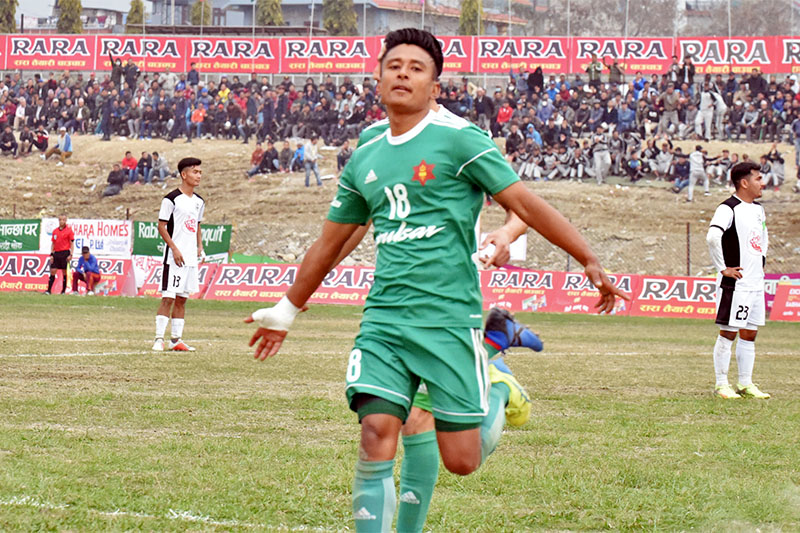 TAC's striker Nawayug Shrestha celebrates after scoring a goal against HSC in Pokhara, on Sunday, February 24, 2019. Courtesy: Sudarshan Ranjitkar