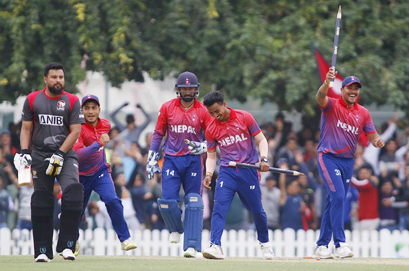 OVER THE MOON: (From right) Nepalu2019s Karan KC, Sompal Kami, Binod Bhandari and substitute fielder Bhim Sarki celebrating victory over the United Arab Emirates in the third and final T20 International match of the series, in Dubai, on Sunday, February 3, 2019. Photo: courtesy: Cricketing Nepal