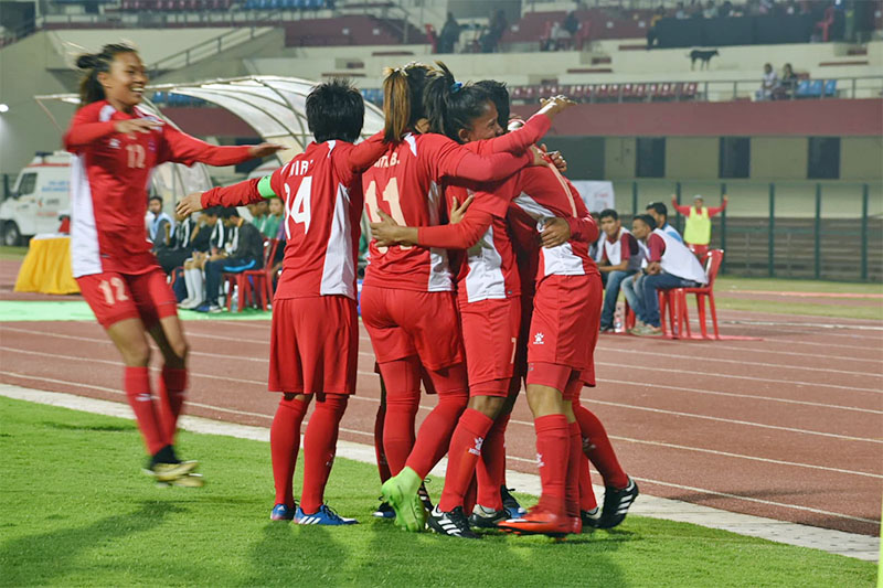 Nepali team celebrate after scoring against the hosts. Courtesy: ANFA