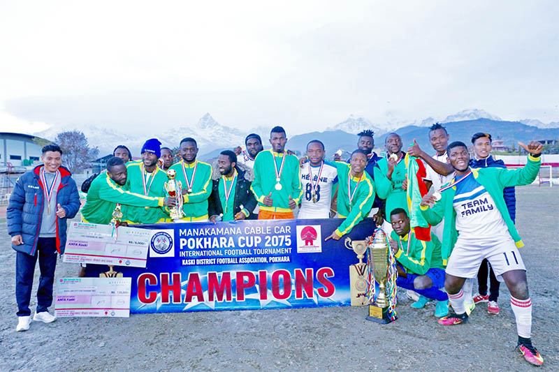 Cameroon's Dauphins FC officials and players celebrate winning Pokhara Cup, in the Lake City, on Sunday, February 10, 2019. Courtesy: Ram Gurung