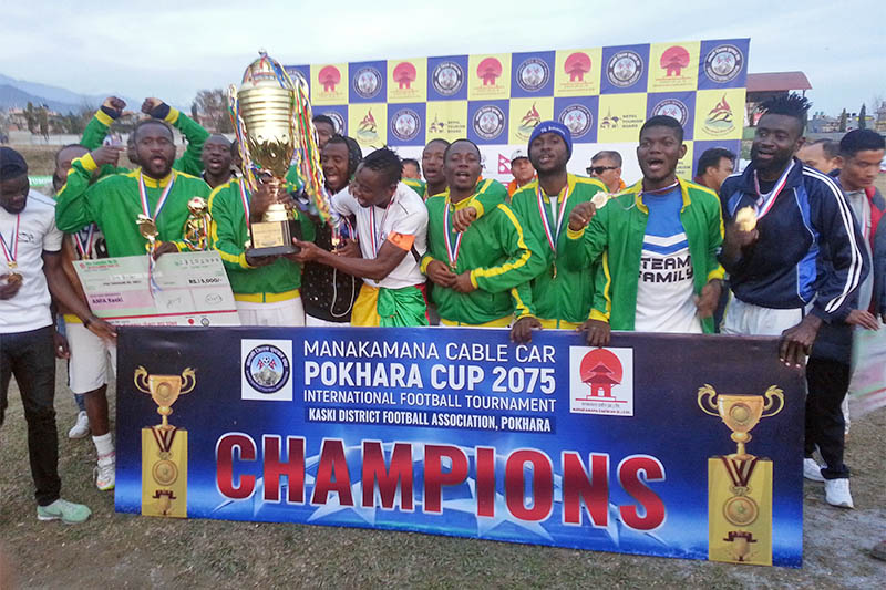 Cameroon's Dauphins FC players and officials celebrate after winning Pokhara Cup. Courtesy: Ram Gurung