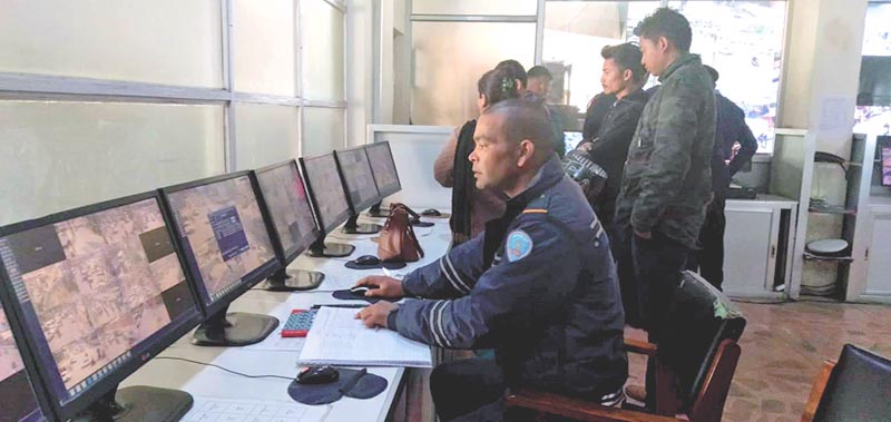 A cop monitoring vehicular traffic from Police Control Room, in Kathmandu, on Friday, February 1, 2019. Photo: THT