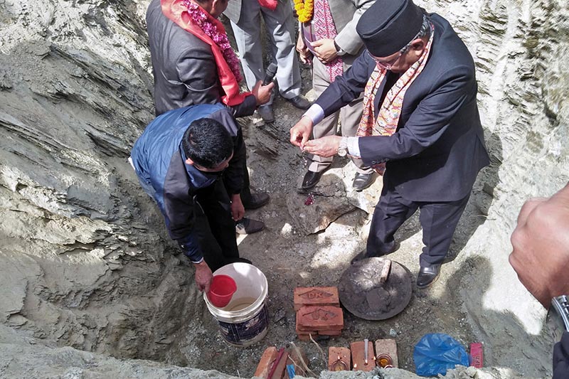 Nepal Communist Party (NCP) Co-chair Pushpa Kamal Dahal lays foundation stone of Martyr Dil Bahadur Ramtel Memorial Park, the under-construciton park, at Takukot in Barpak area of Sulikot Rural Municipality-6 in Gorkha district, on Wednesday, February 27, 21019. Photo: RSS