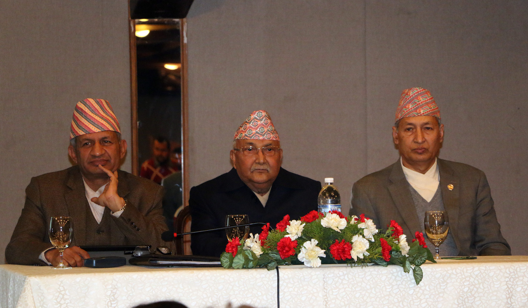 Prime Minister KP Sharma Oli, Minister for Foreign Affairs Pradeep Kumar Gyawali and Minister of Finance Yubaraj Khatiwada participate in a programme organised to brief diplomatic community, at Ministry of Foreign Affairs on Friday, February 1, 2019. Photo: RSS