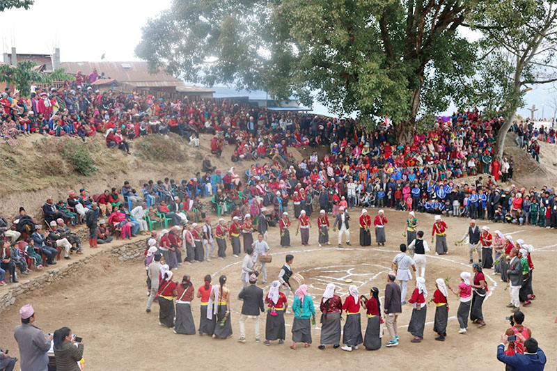 FILE - Members of Kirat Community perform traditional Sakela dance during two-day festival at Jalpa in Khotang district, on Friday, February 01, 2019. Photo: RSS