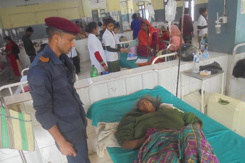 A woman injured in tusker attack receiving treatment at zonal hospital in Rajbiraj, Saptari, on Friday, February 22, 2019. Photo: THT