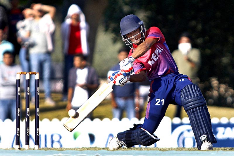 Nepalu2019s Sundeep Jora playing a shot against the UAE during their first match of the Twenty20 International series at the ICC Academy grounds, in Dubai, on Thursday, January 31, 2019. Photo courtesy: CricketingNepal