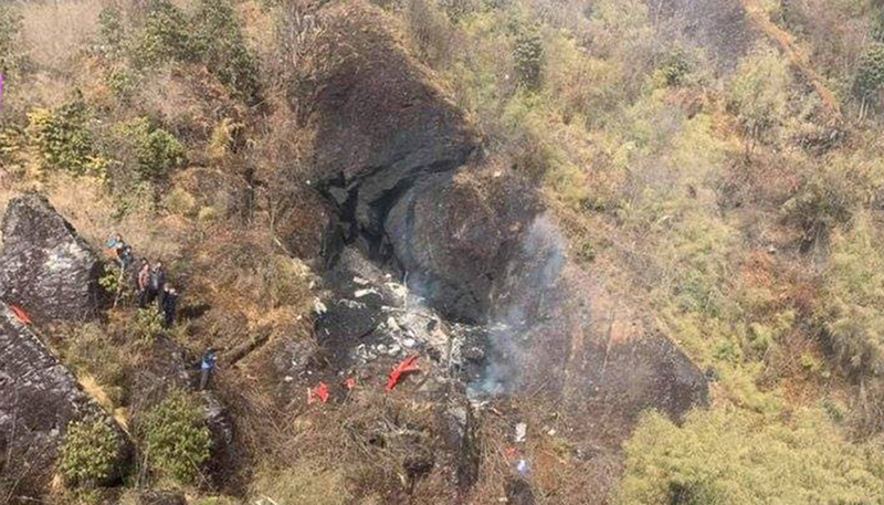 Site where the helicopter carrying seven people crashed in Pathibhara, Taplejung, on Wednesday, February 27, 2019. Photo courtesy: Simrik Air