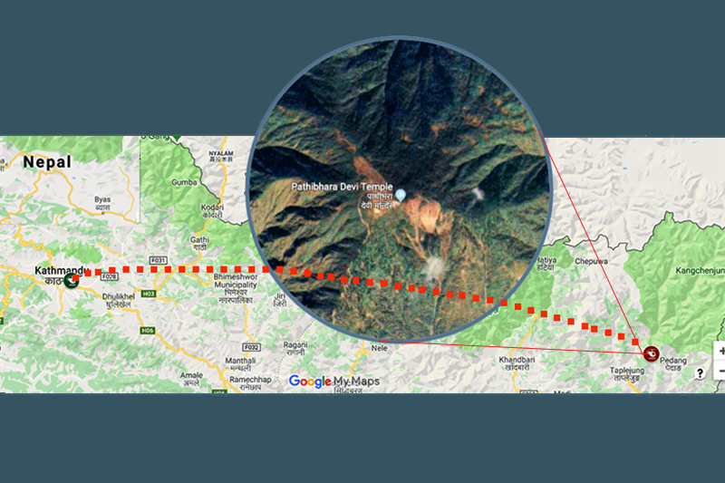 This image shows the location of the helicopter that crashed near Pathibhara Temple, in Taplejung district, on Wednesday, February 27, 2019. Image: Google Maps customisation/THT