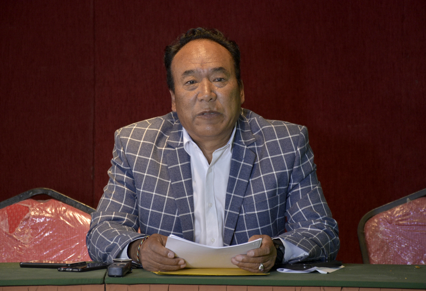 Honorary President of ANFA Tashi Ghale speaks during a press meet in Kathmandu on Monday, February 25, 2019. Photo: THT