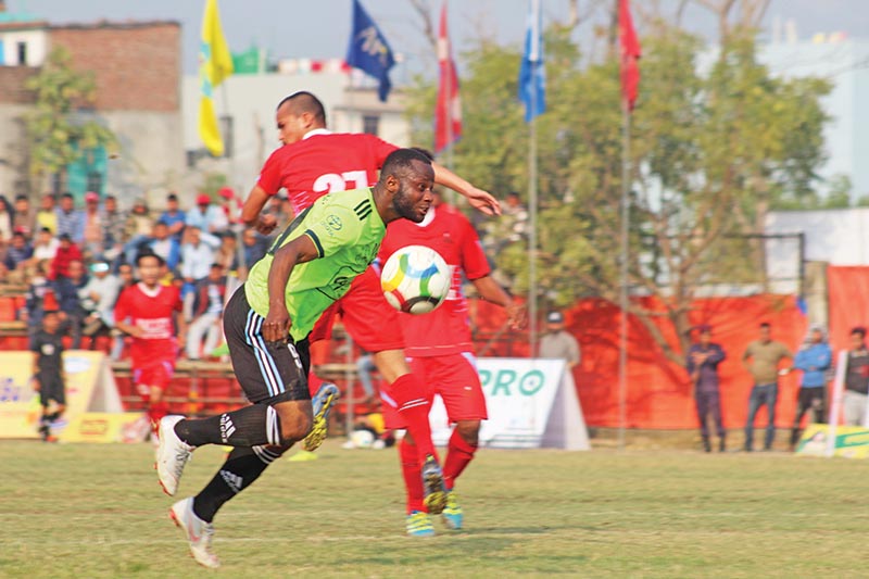 Action in the match between Valley Chyasal Youth Club and Signature Manang Marshyangdi Club, (Left) during the 21st Tilottama Gold Cup in Butwal on Thursday. Photo: THT