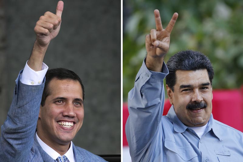 This photo combo of file photos shows opposition leader and self-proclaimed interim president of Venezuela Juan Guaido, left, on February 8, 2019 and Venezuela's President Nicolas Maduro, on February 7, 2019, both in Caracas, Venezuela. Photo: AP
