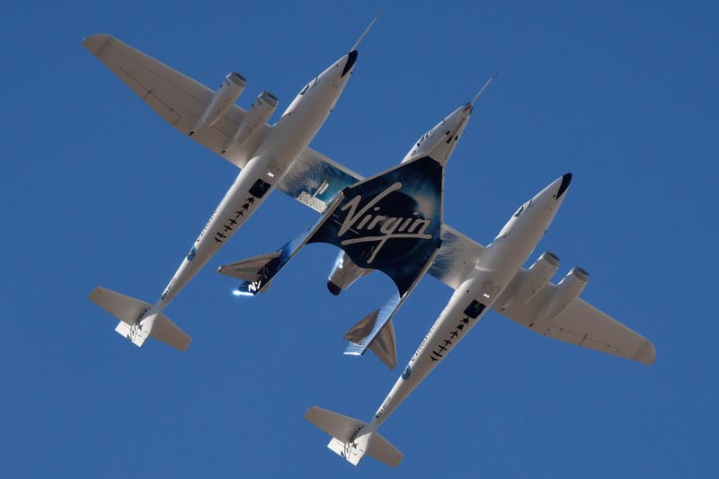 Virgin Galactic rocket plane, the WhiteKnightTwo carrier airplane, with SpaceShipTwo passenger craft takes off from Mojave Air and Space Port in Mojave, California, US, February 22, 2019. Photo: Reuters