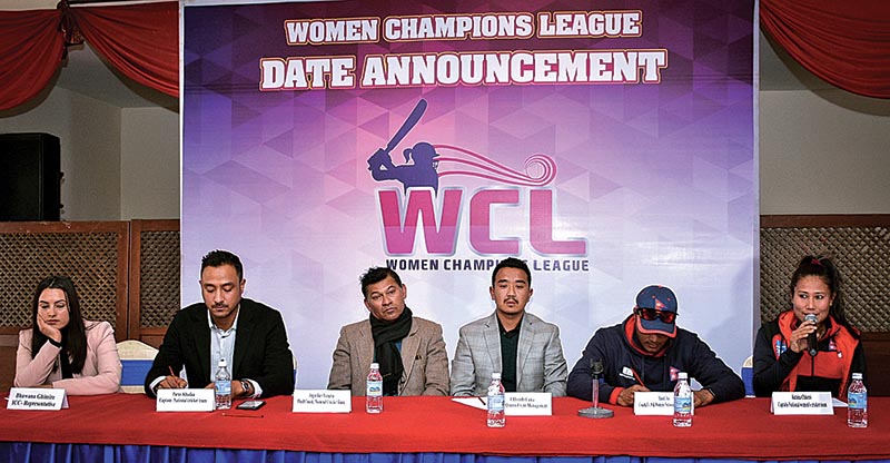 Managing Director of Queens Event Management Chhumbi Lama (third from right) speaks as others look on during a press meet of Women's Champions League in Kathmandu on Thursday. Photo: THT