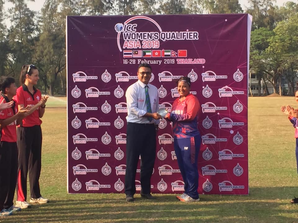 Nepalu2019s Nary Thapa receiving player of the match trophy after the ICC Womenu2019s Qualifier Asia match against Hong Kong in Bangkok on Sunday. Photo: AP