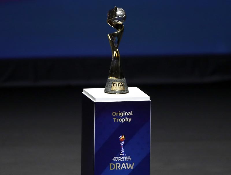 The Women's World Cup trophy is displayed at the women's soccer 2019 World Cup draw, in Boulogne-Billancourt, outside Paris on December 8, 2018. Photo: AP/File