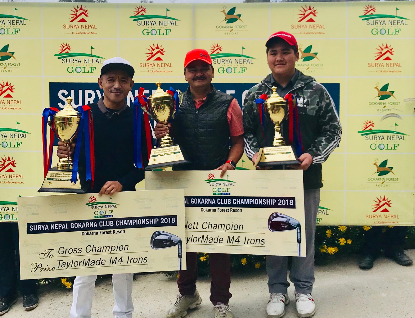 (From left) Tashi Tshiring, Dhurba Thapa and Ang Phurba Sherpa hold the Club Championship trophies after the Surya Nepal Gokarna Monthly Medal on Saturday, February 16, 2019. Photo: THT