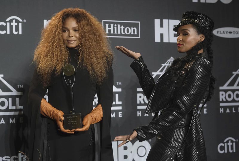 Inductee Janet Jackson, left, holds her trophy as she poses in the press room with Janelle Monae at the Rock &amp; Roll Hall of Fame induction ceremony at the Barclays Centre on Friday, March 29, 2019, in New York. Photo: AP