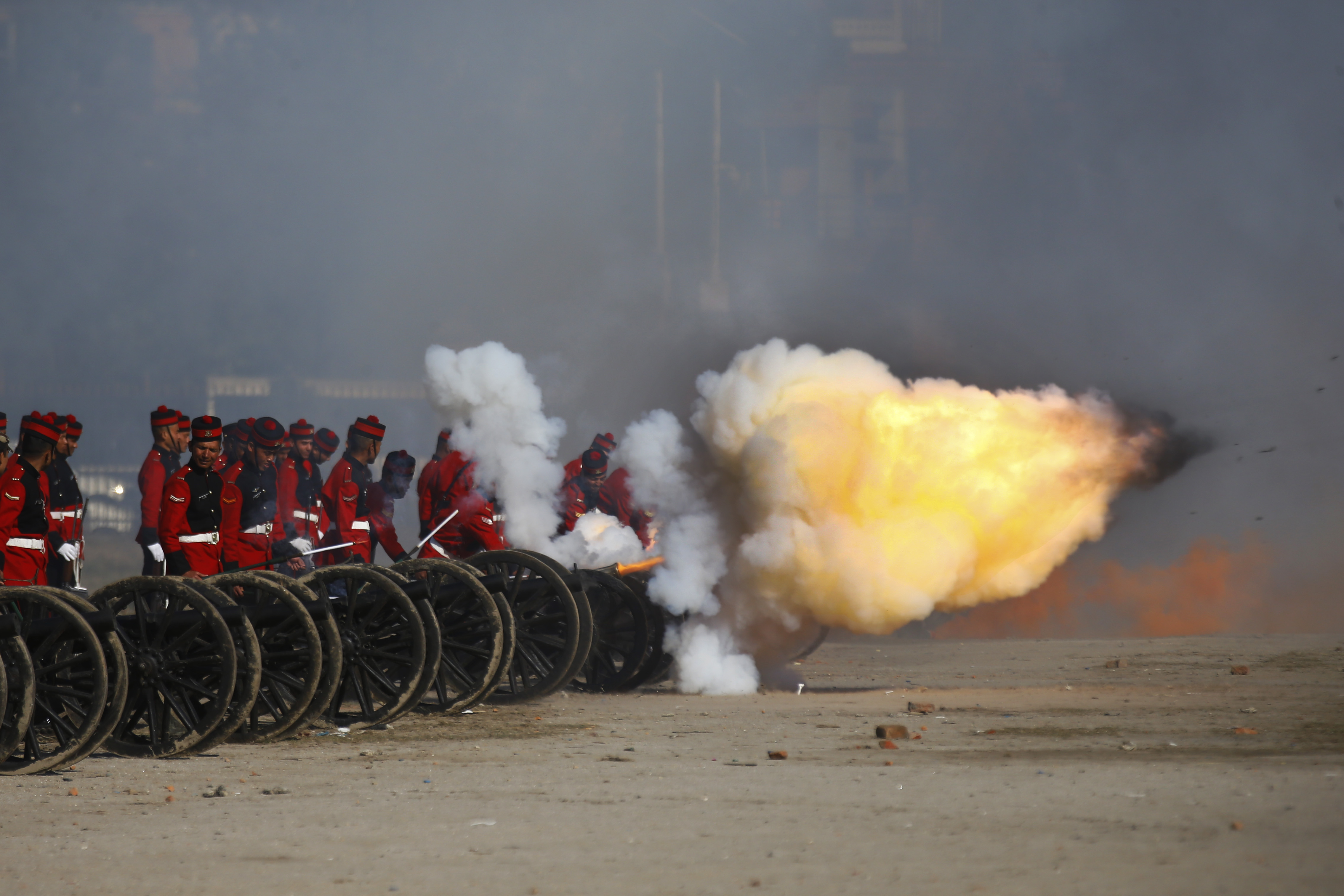 Nepalese Army soldiers fire cannons as they rehearse for the upcoming Army Day at the Army Pavilion in Kathmandu, Nepal on Friday, March 01, 2019. Photo: Skanda Gautam/THT