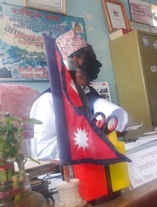 EDC unit Chief Ananta Kumar Poudyal, who was smeared with soot at his office in Doti, on Sunday, March 24, 2019. Photo: THT