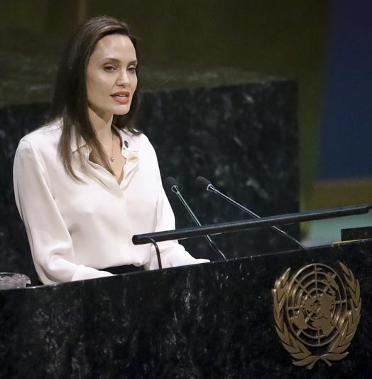 Angelina Jolie, United Nations High Commissioner for Refugees special?envoy, address a meeting on UN peacekeeping at UN headquarters, Friday March 29, 2019. Photo: AP