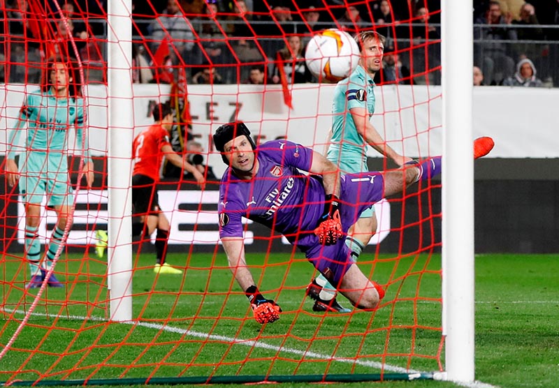 Arsenal's Nacho Monreal scores an own goal and Stade Rennes' second during the  Europa League Round of 16 First Leg, match between Stade Rennes and Arsenal, at Roazhon Park, in Rennes, France, on March 7, 2019. Photo: Action Images via Reuters