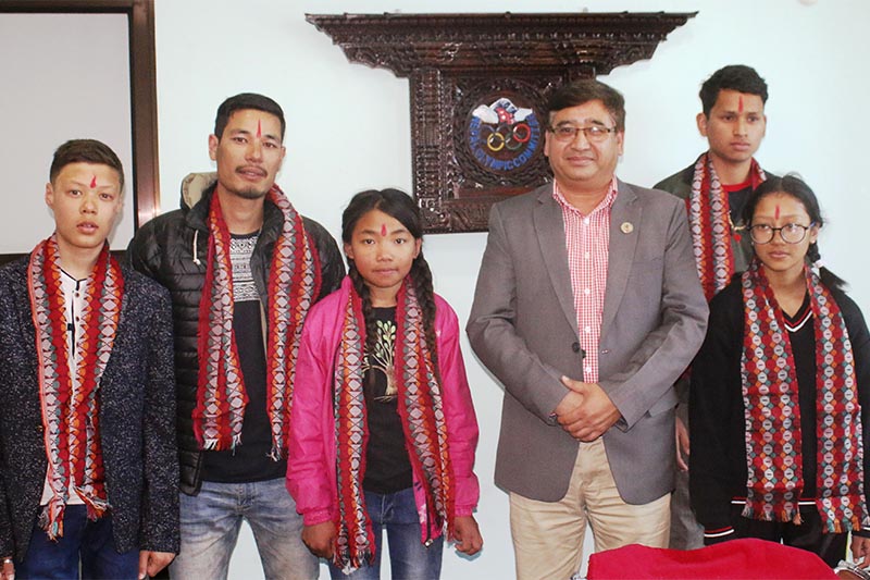 A five-member team pose for photo in Kathmandu, on Tuesday, March 12, 2019, before leaving for South Korea to participate in the 28th Asian Alpine Children Championships slated for March 16-17 at the Alpensia Ski Resort in Gangwon Province.