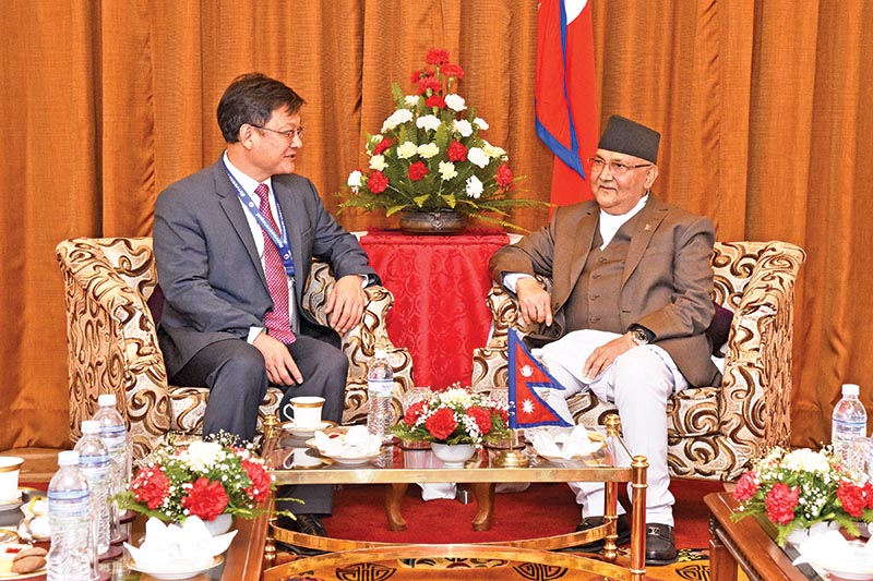 Asian Development Bank Vice-president Shixin Chen in a meeting with Prime Minister KP Sharma Oli, in Kathmandu. Photo Courtesy: ADB