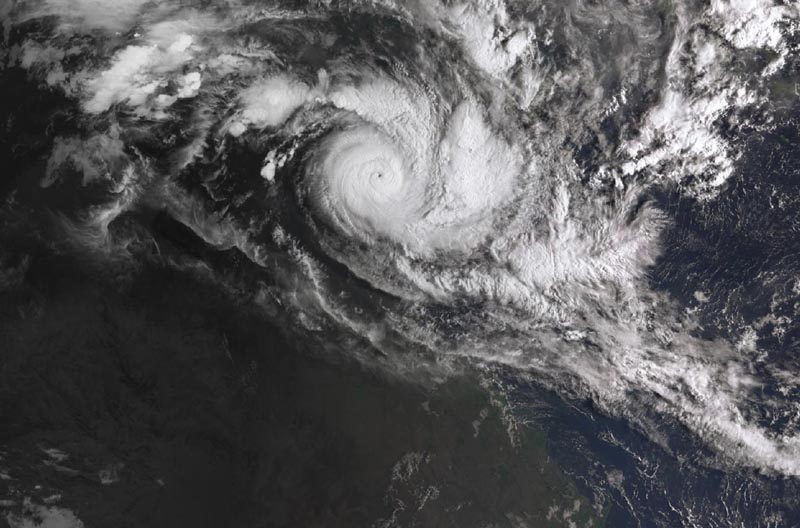 In a satellite image acquired from the Australian Bureau of Meteorology, Cyclone Trevor moves over the Northern Territory captured at 08.10am AEDT, Tuesday, 19 March 2019. Photo: Bureau of Meteorology/AAP Image via AP