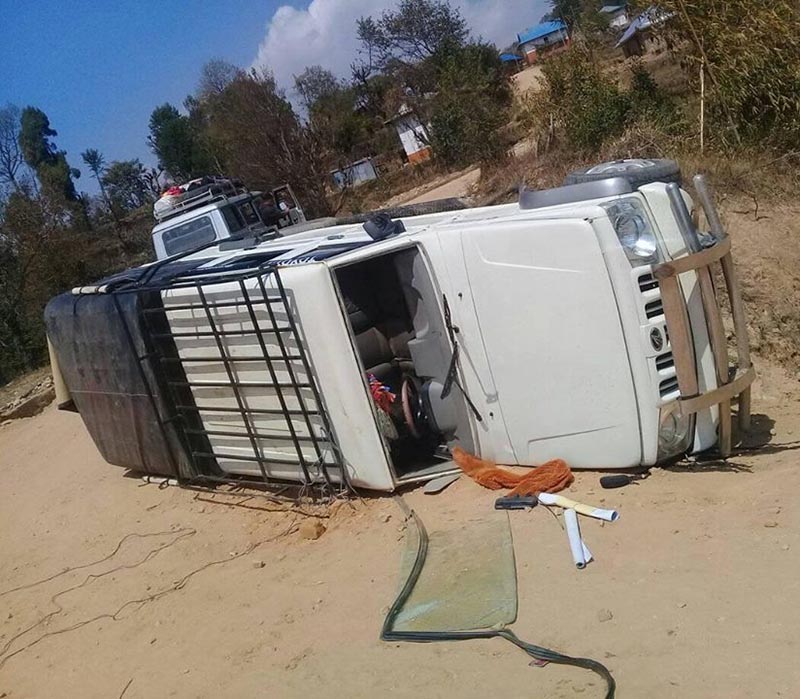A view of Bolero jeep overturned on its side at Kaphle in Bhojpur Municipality-9, of Bhojpur district, on Thursday, March 20, 2019. Photo: Niroj Koirala/THT