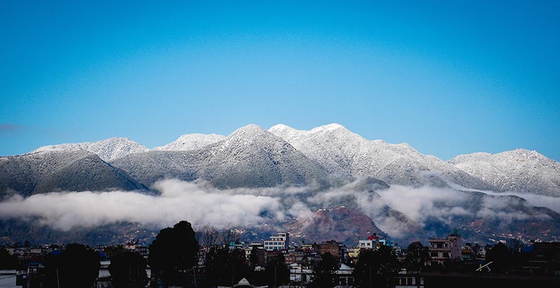 A panoramic view of Chandragiri hills from Satdobato, Lalitpur, after an overnight snowfall, on Thursday, February 28, 2019. Photo: Naresh Shrestha/THT