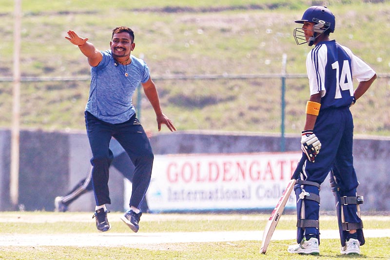 Dinesh Agri of KCC appeals for a decision during the Golden Gate College Cricket League match against Orchid at the TU Stadium in Kathmandu on Sunday. Photo: THT