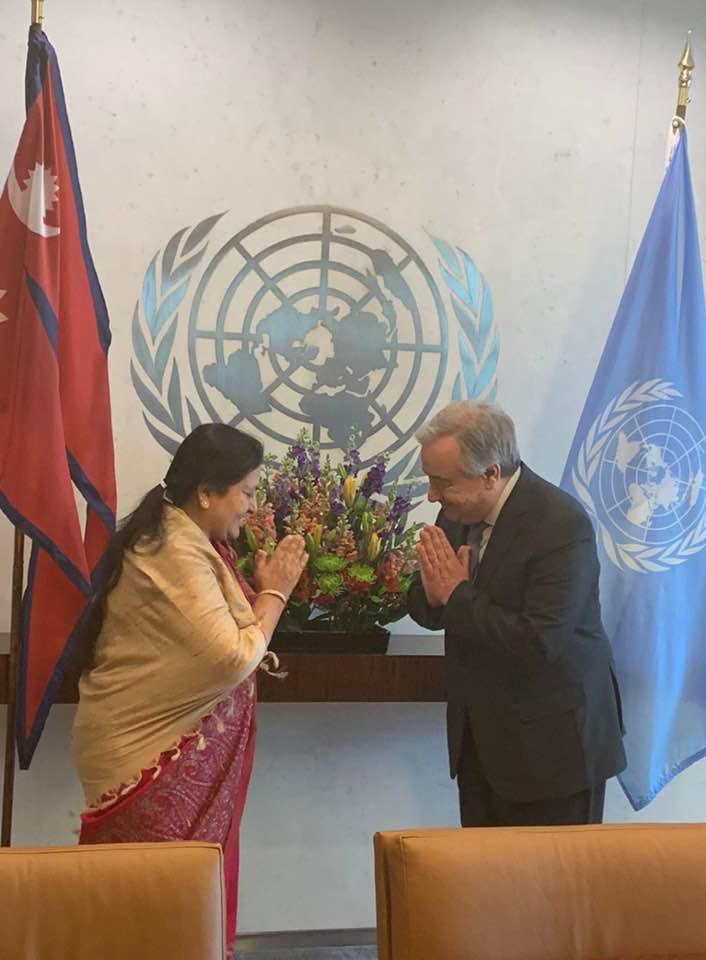 President Bidhya devi Bhandari and UN Secretary General Antonio Guterres greet each other with a Namaste. Photo; Bandana Rana's Twitter