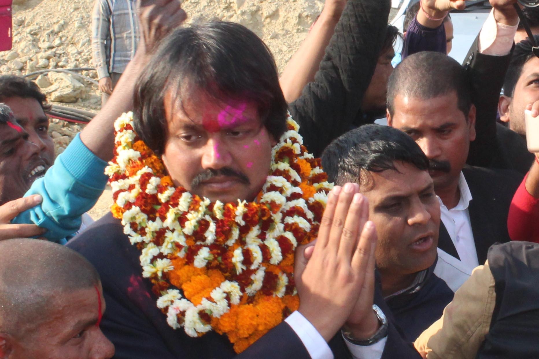 CK Raut received by his supporters at Janakpur Airport on Sunday. Photo: Brij Kumar Yadav