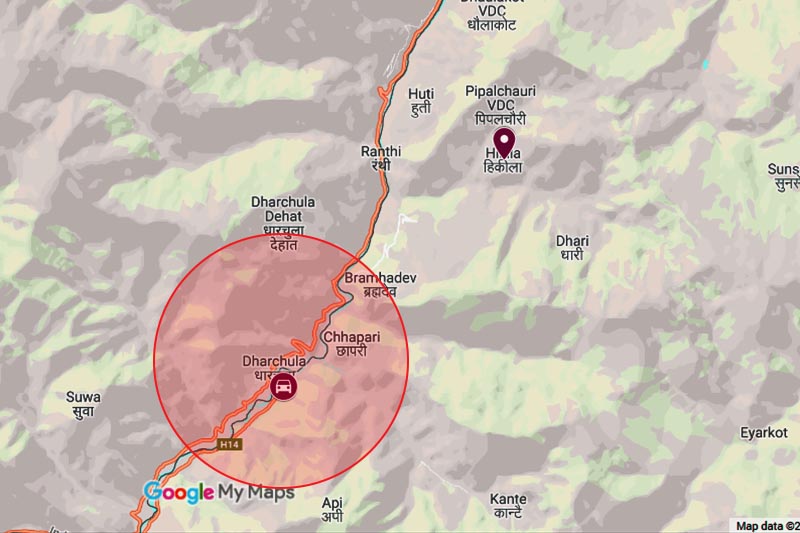 This image shows the estimated incident site where a jeep plunged 500 metres into Mahakali River. Image: Google Maps customisation/THT