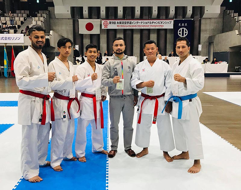 Nepalu2019s Digamber Prasad Panta (left) with fellow karatekas in Tokyo on Friday, March 15, 2019. Panta entered into record books after advancing to the final in the ninth Shito-Ryu Karate World Championship. Photo: THT