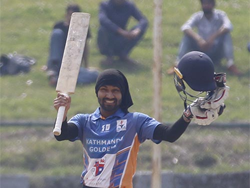 Golden Gate's Dipendra Singh Airee celebrates his century against TU during their CCL match on Friday, March, 29, 2019. Photo: THT