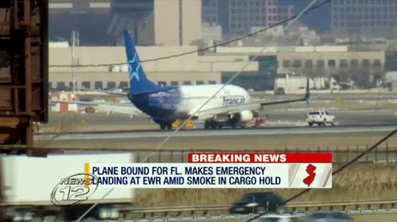 In this image taken from video provided by News12 New Jersey, Air Transat Flight 942 is towed along the runway at Newark Liberty International Airport, Saturday, March 9, 2019 in Newark NJ. Photo: News12 New Jersey via AP