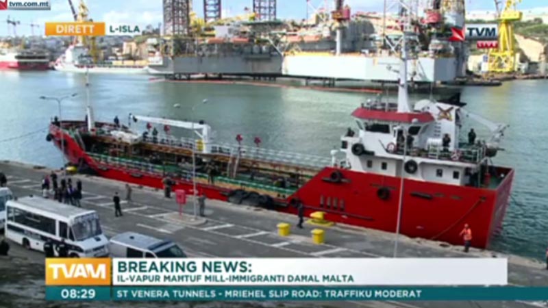 This image taken from TVM video on Thursday March 28, 2019 shows armed forces onboard the Turkish oil tanker El Hiblu 1 in Valletta, Malta, which was hijacked by migrants. Photo: TVM via AP